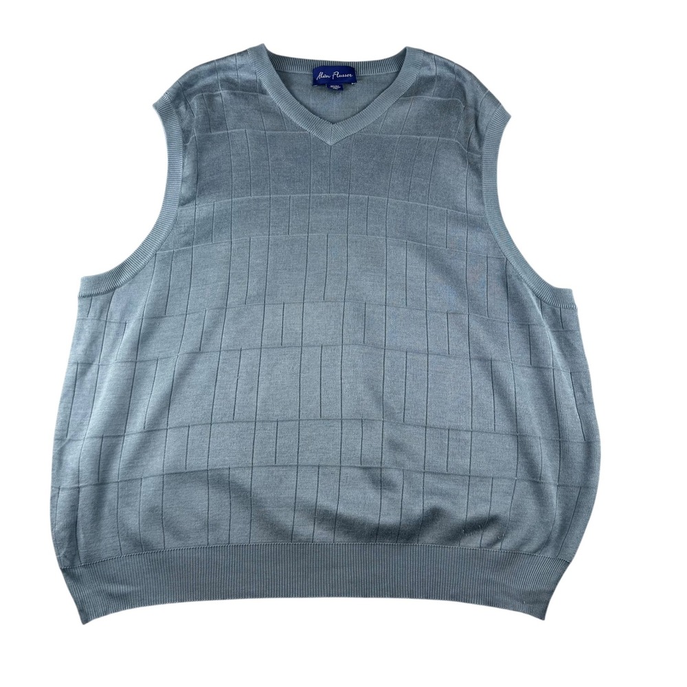 Alan Flusser Mens XXL 100% Silk V-Neck Sweater Vest Slate Blue Grey Grid